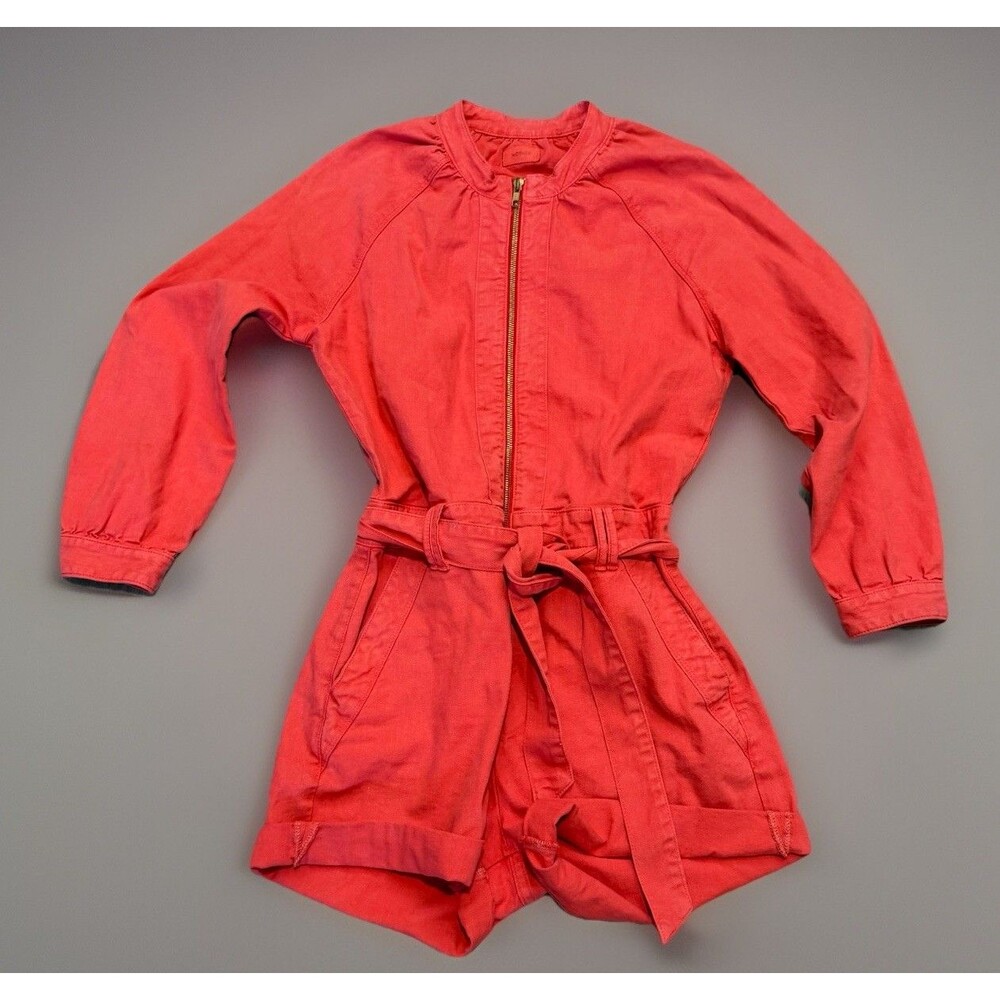 Mother The Gatherer Short Romper Womens Small Red Denim Belted Zip Long Sleeve